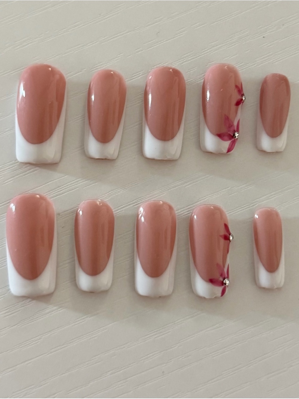 Nude Pink French Press-On Nails with Floral Accent